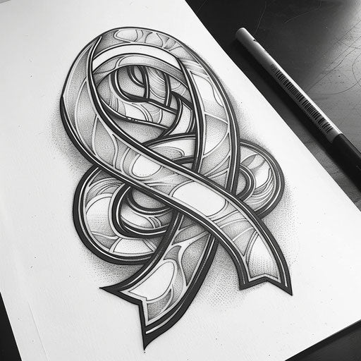 Monochrome ribbon tattoo design with intricate shading and depth