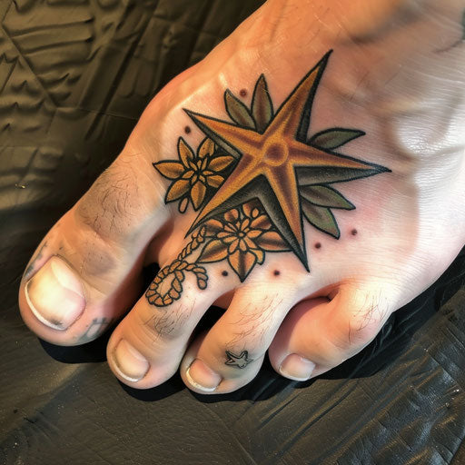 Foot tattoos in the style of Sailor Jerry showcasing a nautical star