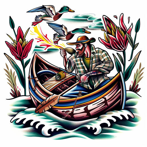 Classic duck hunting scene with hunter in a boat