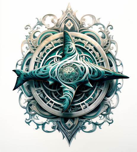 Shark in spiral with symbol, Maori art style, intricate design