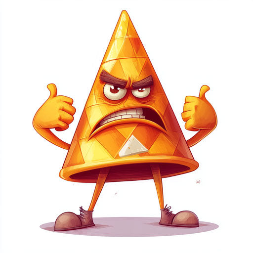 Humorous caricature of a traffic cone with human characteristics