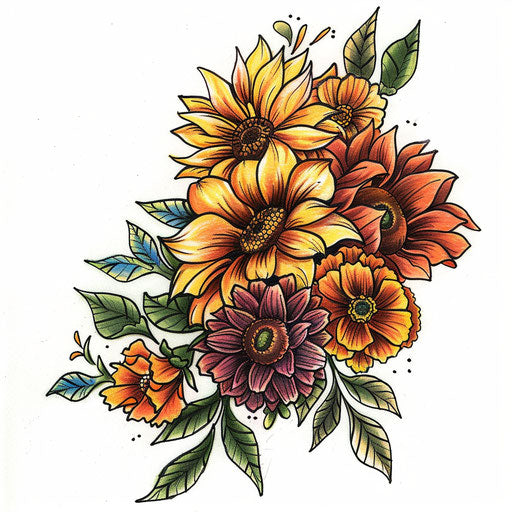 Dynamic sketch of a birth flower bouquet with swirling marigolds and sunflowers