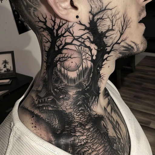 Men's neck tattoo depicting dark, surreal landscapes in the style of David Palumbo