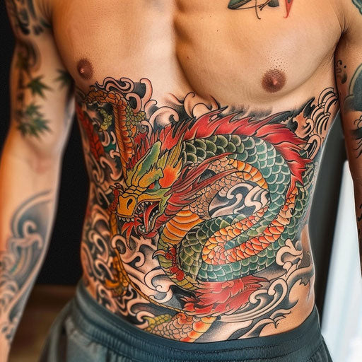Men's stomach tattoos of a phoenix, in the style of Ami James