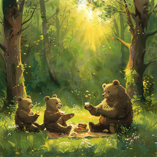 Bears picnic in a sunlit glade