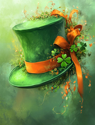 Stylish green hat with orange ribbons and clover leaves