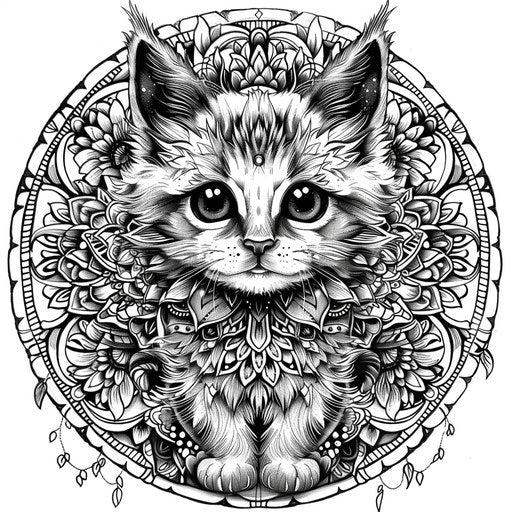 Floral mandala kitten with intricate designs in Mindy Sommers coloring book style