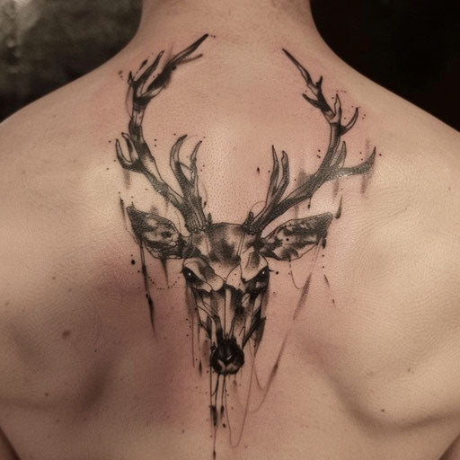 Japanese ink painting deer skull tattoo with soft brush strokes
