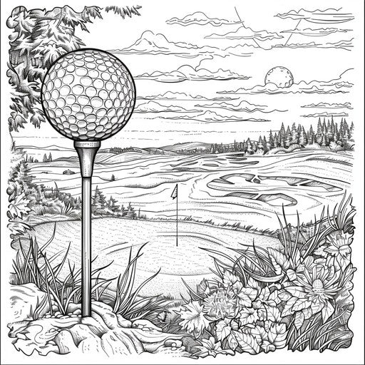 Detailed illustration of a golf ball on a tee with a beautiful landscape. Coloring book page
