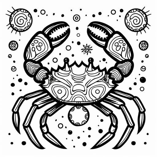Decorative crab surrounded by ocean elements, coloring page