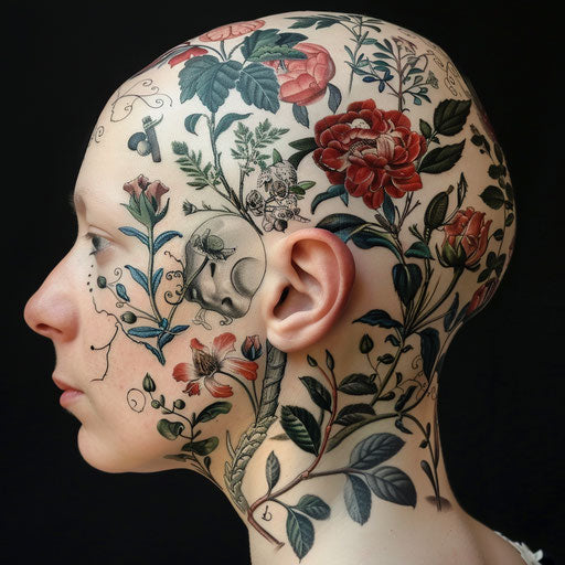 Head tattoos with botanical elements