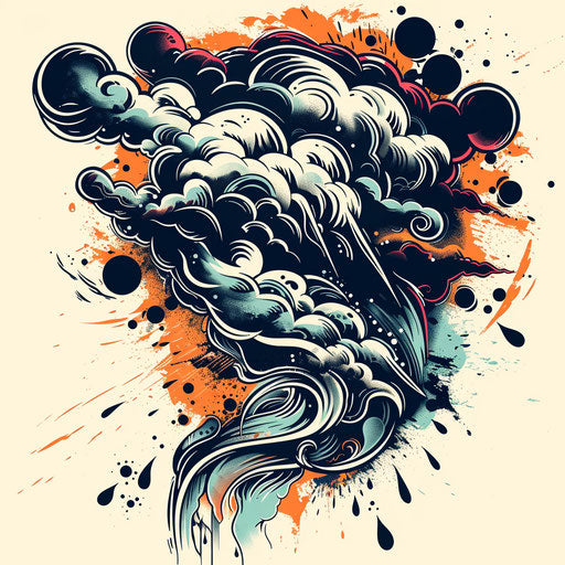 Dynamic flat tattoo sketch of a storm with splattered raindrops