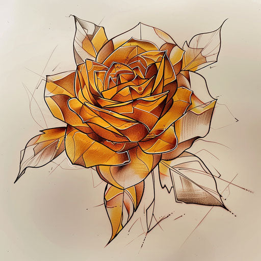 Futuristic tattoo sketch of an amber rose with metallic shades