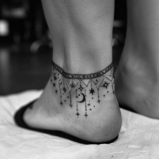 Minimalist tattoo sketch of an ankle bracelet with stars and moons