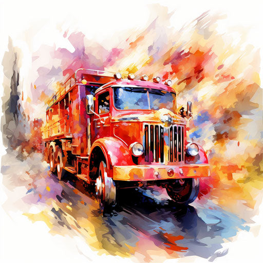 Fire engine clipart in the style of Impressionistic Art, on white background