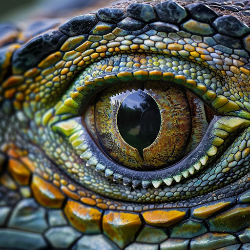 Detail of an iguana's eye, reflecting its environment