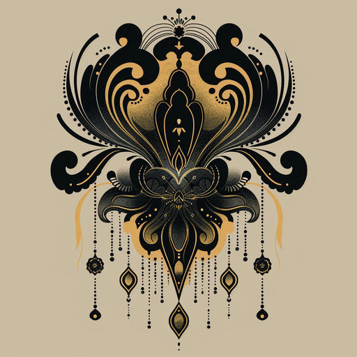Stylized flat tattoo sketch of an Art Nouveau inspired Russian mafia motif, elegant blacks and golds, clipart style
