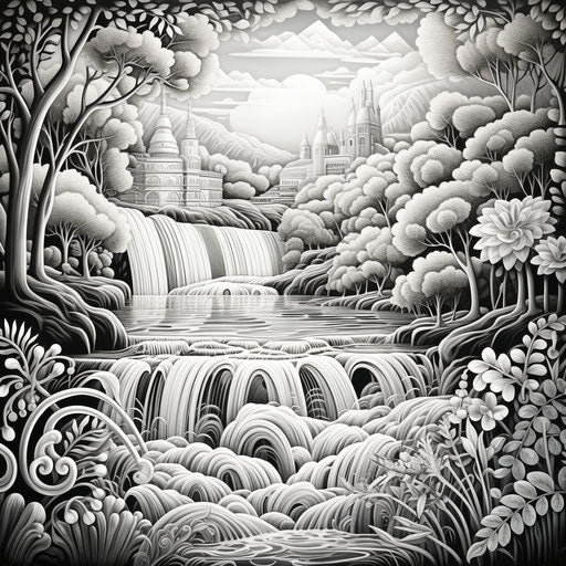 River with waterfall and trees, graphical style