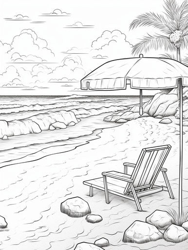 Beach and sun in cartoonish engraved line-work style