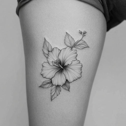 Hibiscus flower tattoo on a Pure White Background in the style of Adrian Smith on a thigh