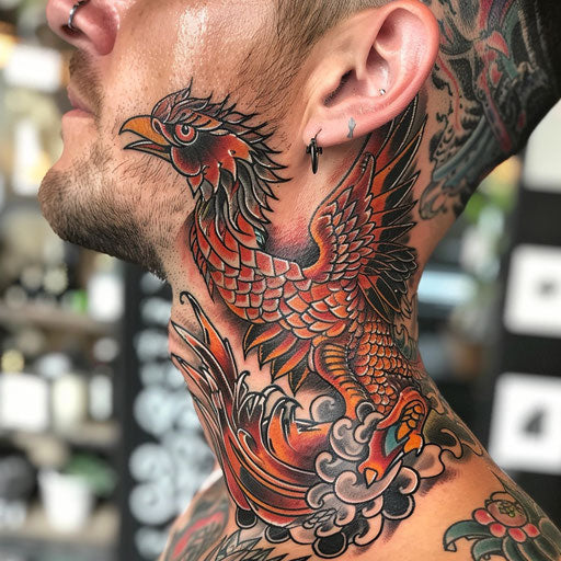 Side neck tattoos featuring a phoenix, Ed Hardy style