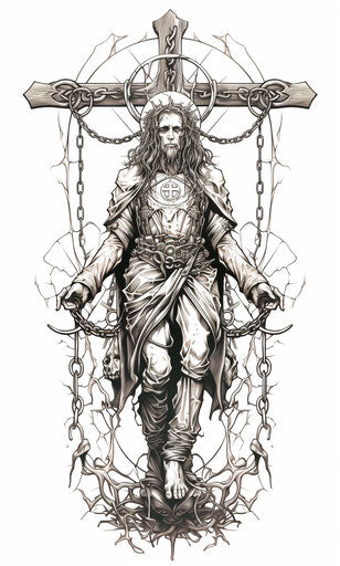 Jesus on Cross Coloring Pages, Gerald Brom style, frontal perspective, Nikolina Petolas, Rusticcore, full body, clamp, simple 77:128