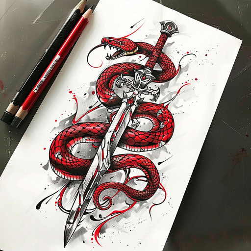 Heroic red snake wrapped around a sword tattoo sketch