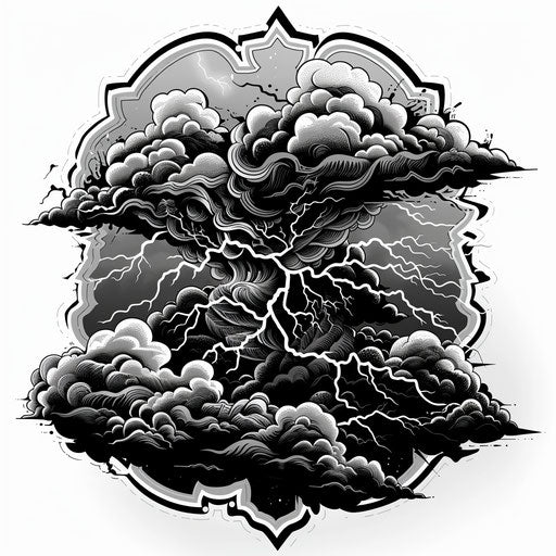 Intricate tattoo sketch of a thunderstorm with dark clouds and lightning
