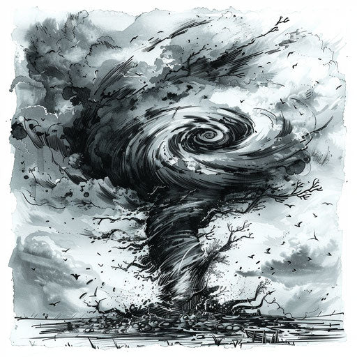 Dramatic tattoo sketch of tornado under stormy sky, swirling grays and blacks, clipart style