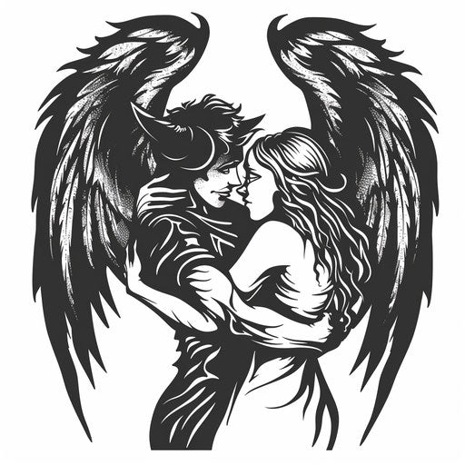 Angel and devil embrace, black and white tattoo style