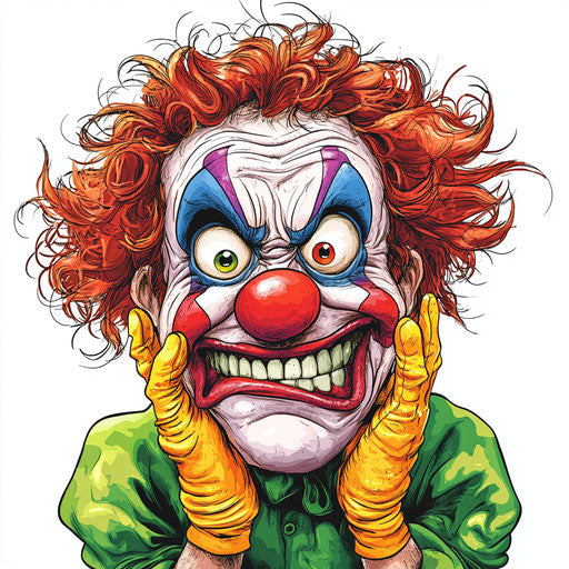 Humorous caricature of a clown with thick eyelashes and fingers hands, vibrant colors, cartoon style