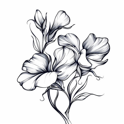 Dynamic tattoo sketch in clipart style featuring a blooming sweet pea