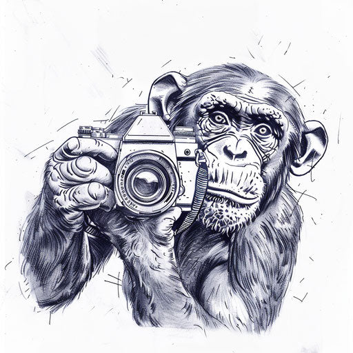 Monkey with camera drawing, detailed creative tattoo