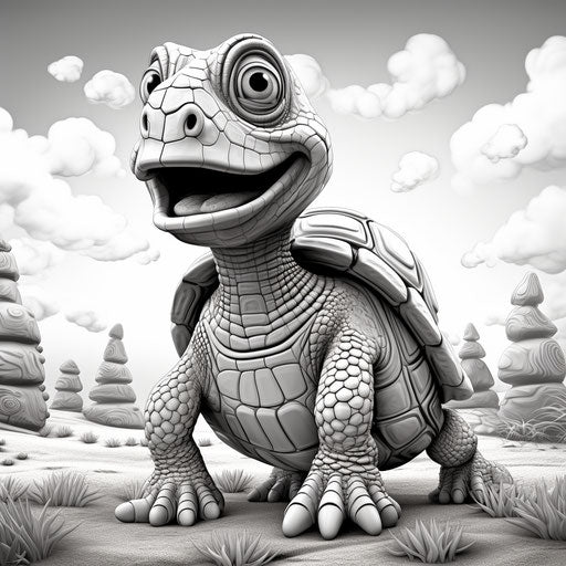 Meticulous linework of a black and white cartoon turtle in daz3d style