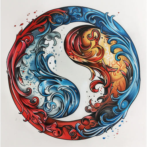 Neo-traditional yin and yang tattoo with bold outlines and vibrant colors, on white background