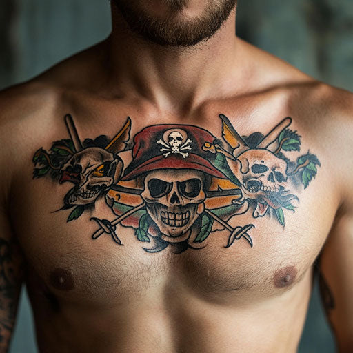Small chest tattoos for men with pirate symbols, in the style of Sailor Jerry