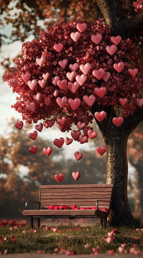Bench under a tree with heart-shaped balloons
