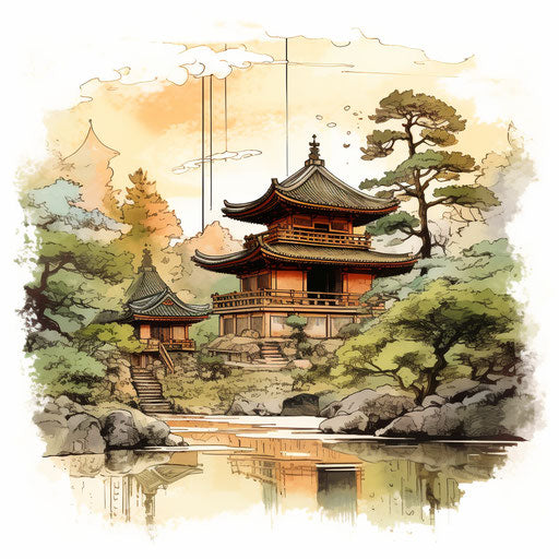 Japanese temple in a tranquil garden stylized