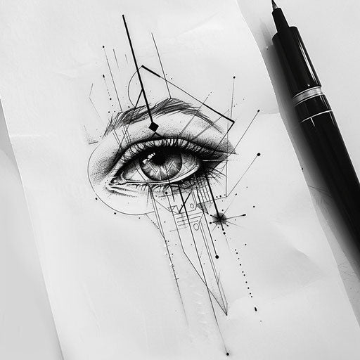 Contemporary flat tattoo sketch of an eye with a single line and geometric elements