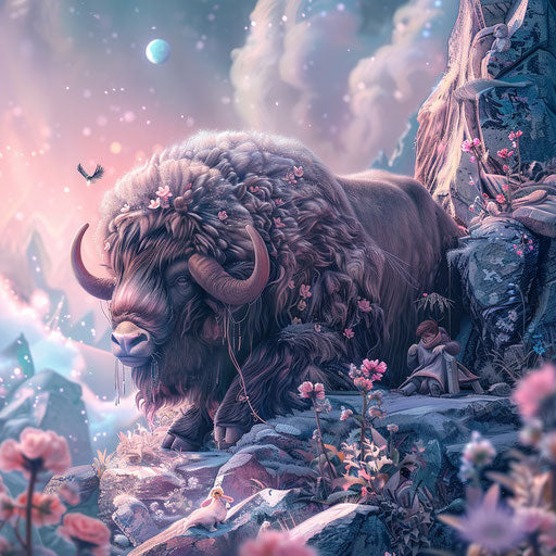 Musk ox in a playful setting with whimsical details