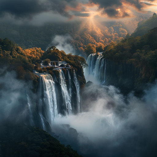 Athirapally Falls with dramatic lighting and misty ambiance