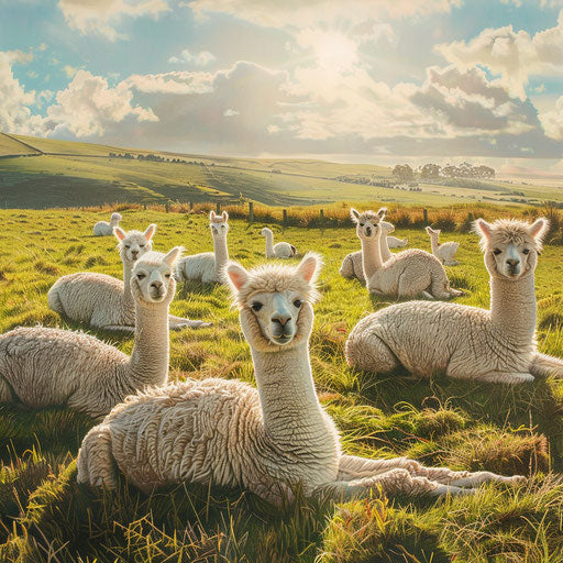 Alpacas in a state of relaxation in a sun-drenched field