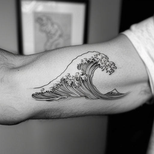 Fine line wave tattoo in the style of Steve Sack