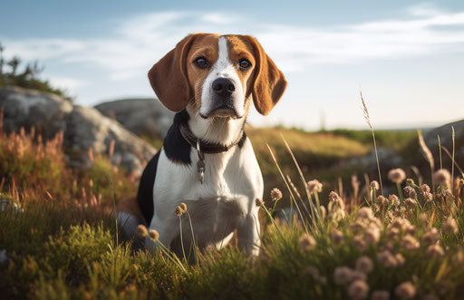 The beagle in the field, in the style of intriguingly taboo, accurate and detailed, anglocore, modern and sleek 17:11
