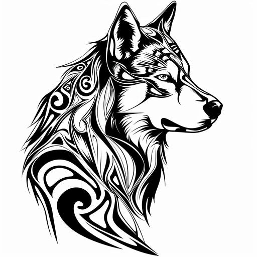 Flat tribal clipart style tattoo sketch for a dog tattoo featuring an abstract Husky with tribal patterns