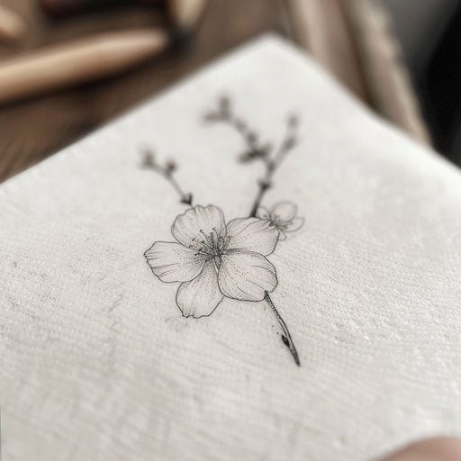 Minimalist flat tattoo sketch of a single sakura flower with delicate petals