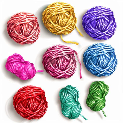 Photo realistic yarn clipart on flat white background, bright colors