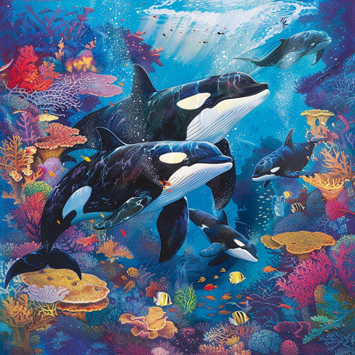 Killer whales in vibrant coral reef
