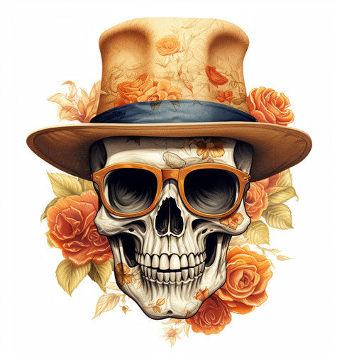 Skull with glasses and hat, illustrative vintage style
