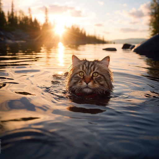 A Siberian cat swimming near the shore